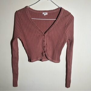 Aerie Mauve Ribbed Knit Button-Up V-Neck Cropped Long Sleeve Top Women's
